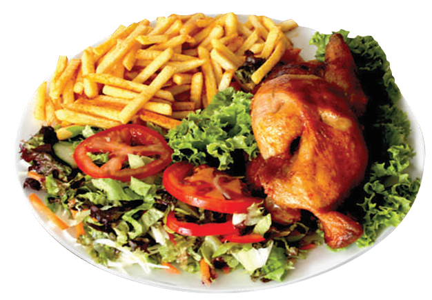 Hähnchen Teller — Halbes Hähnchen, knusprige Pommes und frischer Salat.